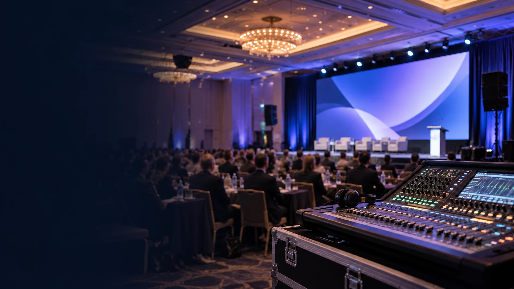 Illustrative image of an audiovisual mixing console overlooking a conference stage and LED video wall