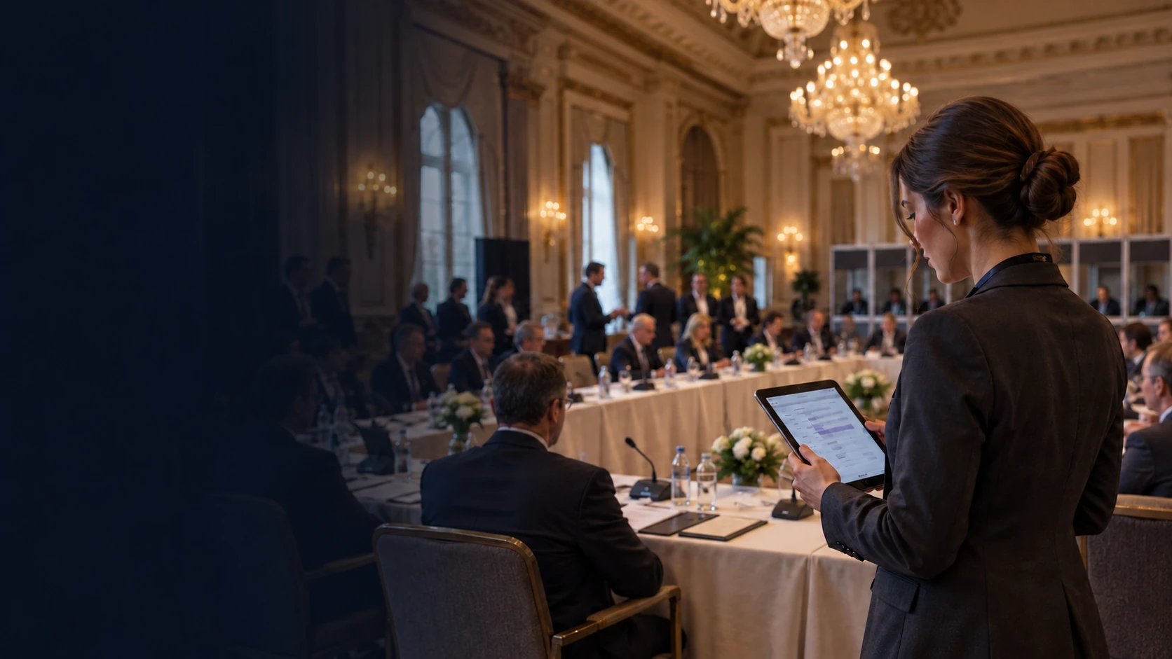 Illustrative image of an event coordinator overseeing a professionally arranged conference
