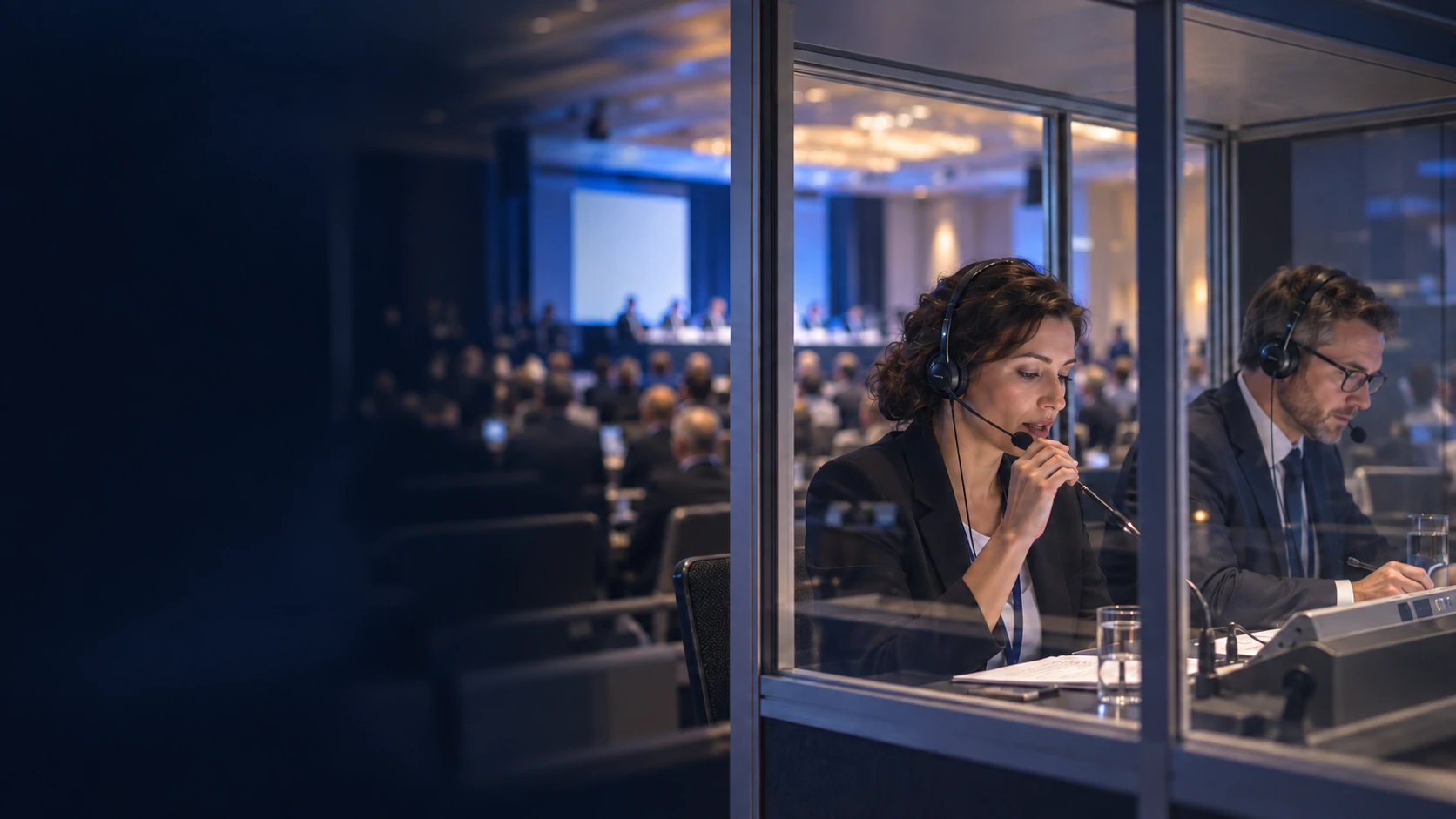 Illustrative image of two professional interpreters working with headsets inside a conference booth