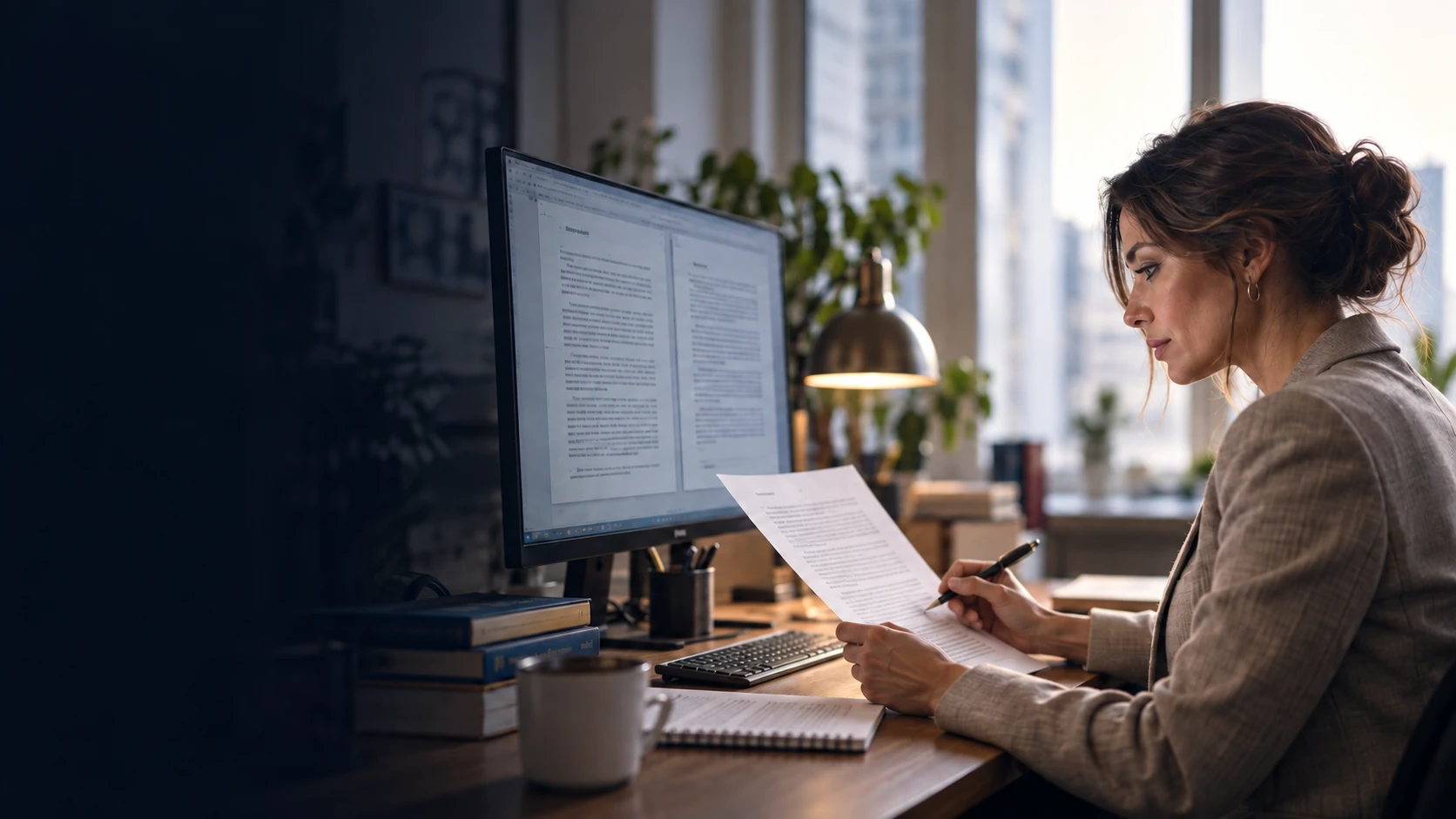Illustrative image of a translator reviewing documents alongside a bilingual document on screen