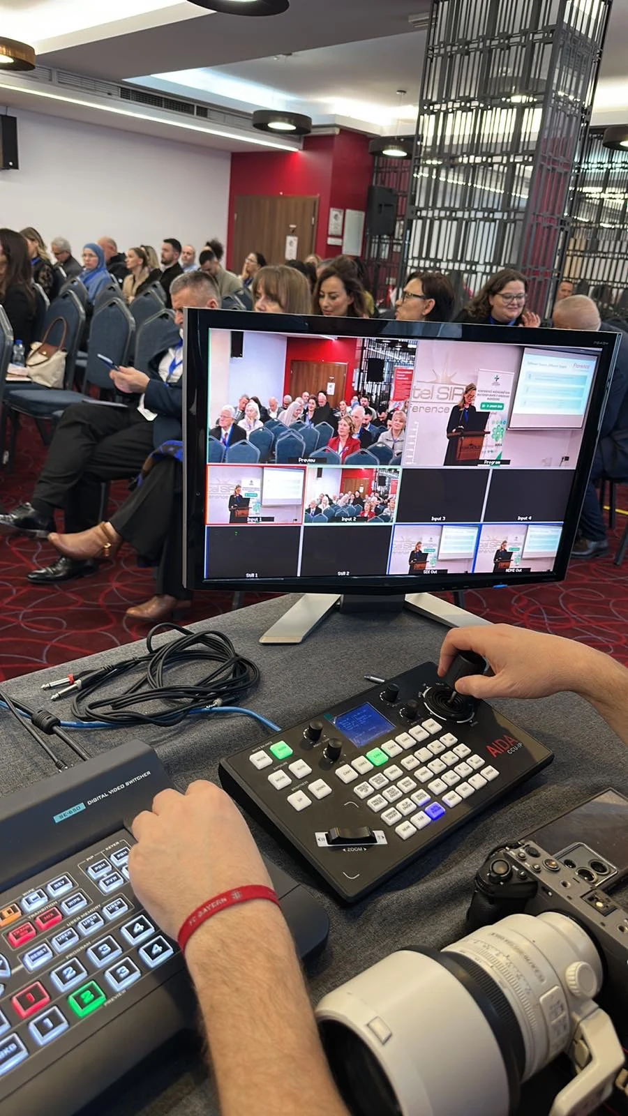 Video control desk and multi-view monitor during a live event