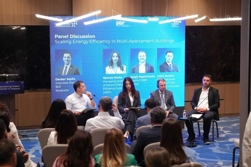 Energy-efficiency panel discussion with speakers, audience and a large visual backdrop